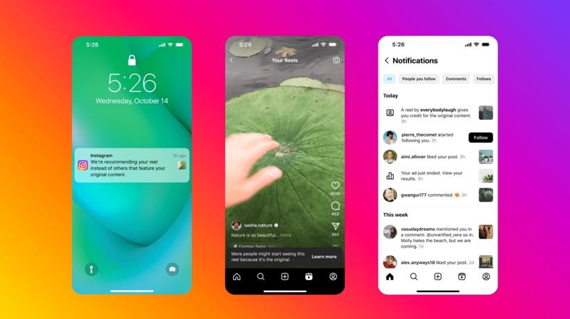 Three iPhone screen captures showing different social media notifications and posts from Instagram