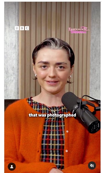 Woman in a red sweater in front of a microphone. Text overlayed is showing what captions can look like on Reels