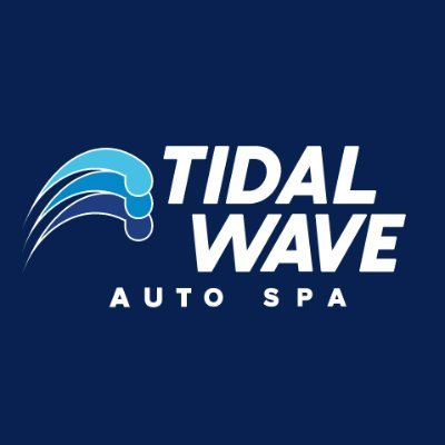 Tidal Wave Auto Spa's company logo consists of a midnight blue background with the large uppercase text "TIDAL WAVE" in the center. "Tidal" is above "wave" and "wave" is offset to the right. To the left of "Tidal Wave" are three waves that are three different shades of blue, from light (top) to dark (bottom). Underneath "Tidal Wave" is smaller, white capitalized text reading "AUTO SPA"