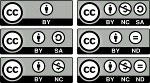 This image contains the 6 creative commons: C.C. B.Y., C.C. B.Y. S.A., C.C. B.Y. N.C., C.C. B.Y. N.C. S.A., C.C. B.Y. N.D., and C.C. B.Y. N.C. N.D.