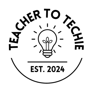 The "Teacher To Techie" Logo consists of the black text "Teacher to Techie" wrapping around the top half of a black lightbulb with a horizontal line underneath with the black text "EST. 2024". Underneath the EST. 2024 is a black semicircle closing the "circle" around the lightbulb. 