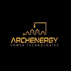 Archenergy's company logo consists of a black background with a gold plug forming into the shape of 4 houses, and the gold capitalized word "ARCHENERGY" with the gold words "POWER TECHNOLOGIES" underneath "ARCHENERGY".