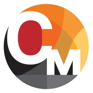 Cord Media Company's logo consists of a large C and M that are offset. The background consists of multiple stained glass-like patterns ranging from red, orange, gold, yellow, black, and gray. Around this is a white circle.