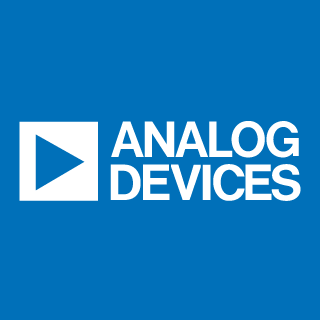 Analog Devices's company logo consists of a sky-blue background with the white, capitalized text, "ANALOG DEVICES" in the center. The word ANALOG is over DEVICES. There is a white square with a sky-blue triangle on the inside, which is pointed to the right (looks like a play button), and is to the left of the text "ANALOG DEVICES."