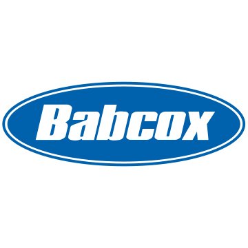 Babcox's company logo consists of a horizontal blue oval with a blue outline around the oval, exposing the white background, with the white, italicized text "Babcox" in the center of the oval. This is over a white background.