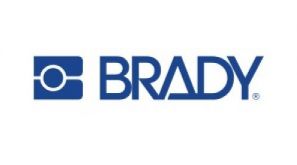 Brady's company logo consists of a white background with the navy blue text "BRADY." To the left of BRADY is a navy blue symbol. The symbol consists of a square that is split horizontally in the middle, and the top right and bottom right edges of each square section are rounded off. There is also a navy blue circle to the center left of the separated square