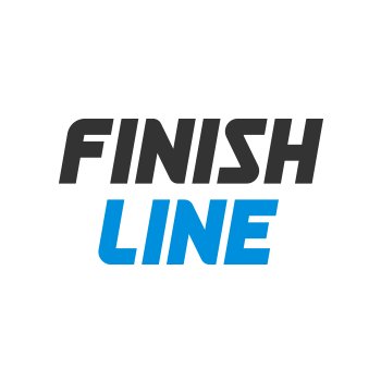 JD Finish Line's company logo consists of a white background with the stacked text "FINISH" (top) "LINE" (bottom). Finish is in a black font and Line is in an electric blue font.