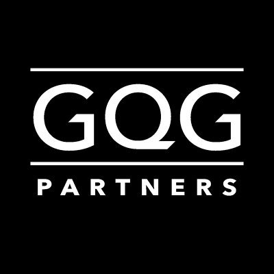 GQG Partners' company logo consists of the large, capitalized white text "GQG," which is in between two horizontal white lines. Beneath it is the smaller, capitalized white text "PARTNERS." This is over a black background.