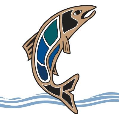 Little Creek Casino Resort's company logo consists of a fish jumping out of water. The fish has a stained glass appearance. The colors are a pastel gold (outline of fish), emerald green, ocean blue, navy blue, white, and black. Underneath the fish are light blue waves. This is over a white background.