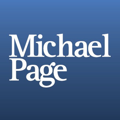 Michael Page's company logo consists of a gradient blue background (light blue on the top and dark blue on the bottom), with the white text: "Michael Page." "Michael" is above the word "Page."