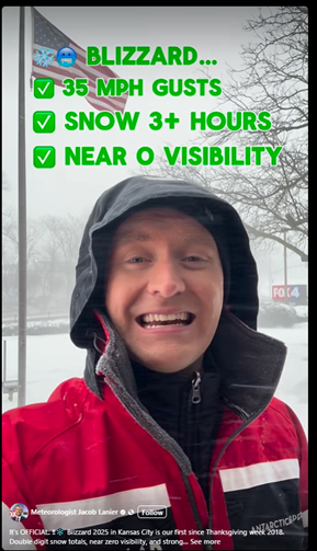 Screenshot of a man live streaming the blizzard and highlighting the wind and snow totals.