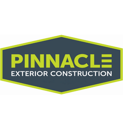 Pinnacle Exterior Construction's company logo consists of a squashed-looking hexagon with a blue-ish gray inside, and a lime green outline. Inside reads, "PINNACLE EXTERIOR CONSTRUCTION." PINNACLE is in a lime green font color, and exterior construction, which is underneath pinnacle, is in a white font color.