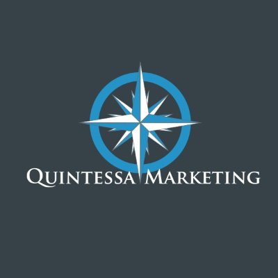 Quintessa Marketing's company logo consists of a stone gray background with the white text Quintessa Marketing. Above it, in the middle, is a blue and white star-shaped compass.