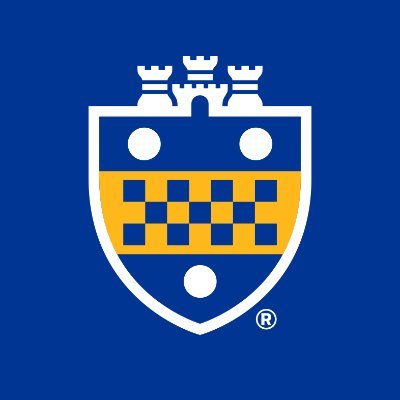 The University of Pittsburgh's school logo consists of a royal blue background with the white outline of a shield that has three white dots (top left, top right, and bottom center.) In the middle of the shield, between the three white dots, is a mustard-yellow checkered horizontal stripe. At the top of the shield, there is what appears to be three white rook chess pieces. The one in the middle is higher than the other two.