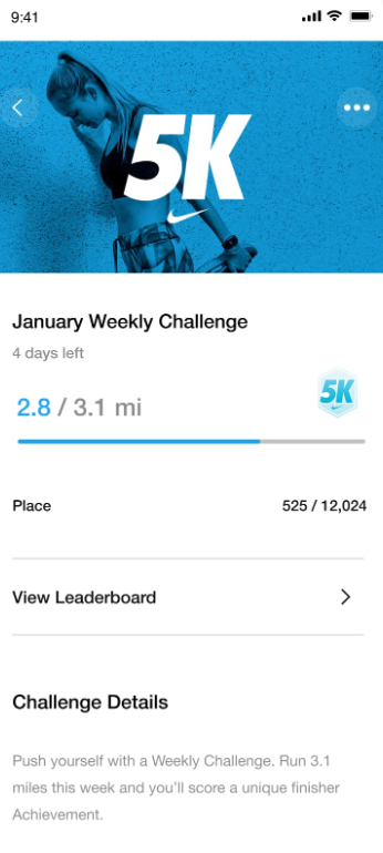 A snippet from Nike Run Club. The image shows a picture of a girl stretching her quad with a blue filter over the image. Over her is the number and letter "5K" with the Nike swoop underneath. Under the image shows the text "January Weekly Challenge, 3 days left, 2.8 out of 2.1 miles"