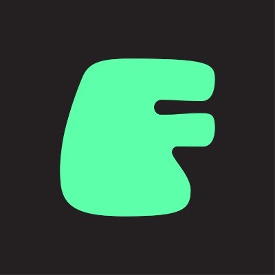 Flaus's company logo consists of a black background with a neon green F in the center. The F is pretty wide and round, and is widest at the bottom.