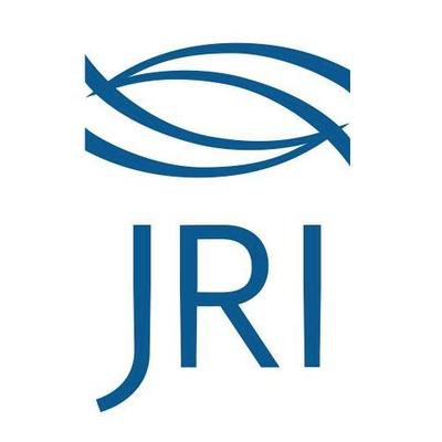 Justice Resource Institute's company logo consists of a white background with the dark blue letters "J," "R," "I." Above the letters J, R, and I are two off-centered blue arches (top) and two blue u-shaped arches (bottom) connecting with the middle two arches.