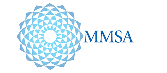 The Maine Mathematics and Science Alliance company logo consists of an ornate symmetrical flower design that goes from light blue (center) to a pastel darker shade of blue. To the right of the ornate flower is the capitalized navy blue font "MMSA"