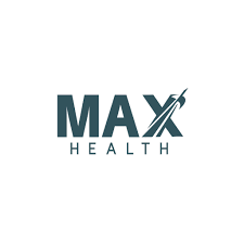 Max Health's company logo consists of a white background with the gray-blue, capitalized text "MAX" with the capitalized, but smaller word, "HEALTH" underneath it.