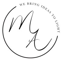 Media Advantage's company logo consists of a white background with the cursive, black text, "M" "A". The letters are surrounded by a skinny, black half-circle and the capitalized black text "WE BRING IDEAS TO LIGHT," finishing out the shape of the circle.
