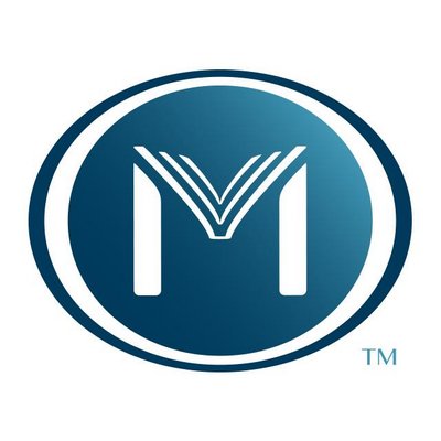 Moody Bible Institute's company logo consists of a white background with a navy blue oval surrounding a gradient navy blue (navy blue to ice blue) inside of it with a white M in the center of that. The top of the M resembles an pen book with its pages, most likely a bible.