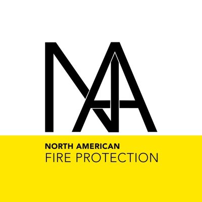The North American Fire Protection's company logo consists of a white square (top) and highlighter yellow vertical rectangle (bottom) background. There is a large, capitalized, black "M" and "A" in the center of the image. The two letters intersect in the middle. Underneath, in the yellow rectangle, is the capitalized, black text "NORTH AMERICAN FIRE PROTECTION."