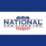 National Van Lines company logo consists of two dark blue horizontal rectangles (top and bottom) and a bigger horizontal white rectangle (in the center). The words NATIONAL VAN LINES, INC. are in the center and in navy blue color. National is above the words Van Lines, Inc. These words are between two skinny, red, horizontal lines. Behind this logo is an American Flag-styled badge. The top part of the badge reads "WORLDWIDE" in a white color.