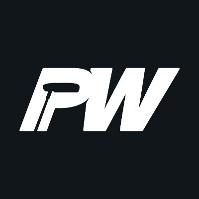 Putting World's company logo consists of a very dark charcoal gray/black background with the capitalized, white, italicized letters "P" "W." The P has the silhouette of an upside down putter.