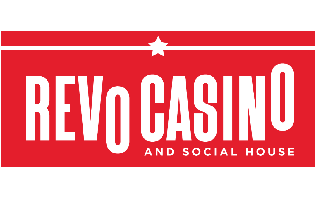 Revo Casino and Social House's company logo consists of a red rectable with the white text "REVO CASINO" in the center. Below the word casino" is the white text "AND SOCIAL HOUSE." Above the word "REVO CASINO" is a white horizontal with a white, five-pointed star in the center of it.
