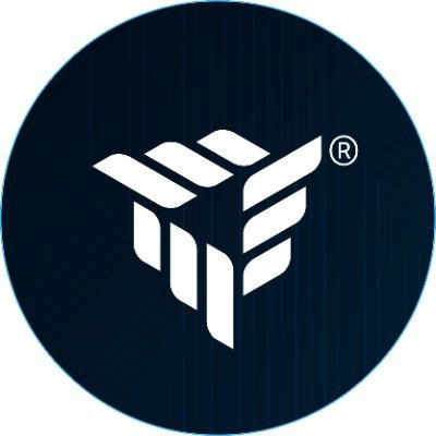 Tritium's company logo consists of a navy blue circle with triangular-shaped image in the center. Each of the three sides has three white rectangles that have a diagonal at either end of it.