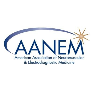 American Association of Neuromuscular & Electrodiagnostic Medicine's company logo consists of a white background with the uppercase, navy blue letters A.A.N.E.M. Above them is a gold shooting star with a gradient-navy blue trail. Below the letters is the smaller, blue text: American Association of Neuromuscular & Electrodiagnostic Medicine.