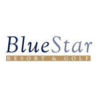 BlueStar Resort & Golf's company logo consists of a white background with the text "BlueStar Resort & Golf" in the center. The word "Blue is a navy blue, and the word "Star" is a violet-y blue. Underneath the word BlueStar is the white, capitalized text "RESORT & GOLF." Resort and golf is inside of a long, gold/sand-colored rectangle that just fits those words.