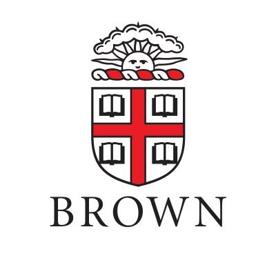 Brown University's company logo consists of a centered shield with a red cross in the center. In each of the four corners of the shield is an open book. Above the shield is the black outline of a sun with a face on it. Above the sun are clouds, and below it is a horizontal, candy cane-like figure that is red and white. Below the shield is the uppercase, black text "BROWN."