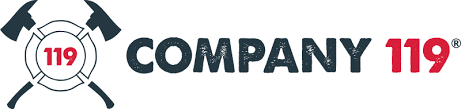 Company 119's company logo consists of the uppercase text "COMPANY 119." The word company is in a grayish/blackish/blueish color and 119 is in a red color. To the left of the text are two blueish/gray axes that are crossing each other. in the middle of the two crossed axes is a white badge with the red number 119 in it.