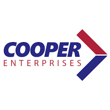 Cooper Enterprises company logo consists of a white background with the capitalized, navy blue text "COOPER," and the capitalized, red text "ENTERPRISES" underneath the word "COOPER." To the right of the words is an arrow pointing to the right. The left half of the arrow is dark red and the right side of the arrow is a navy blue.