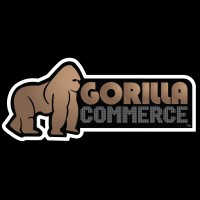 Gorilla Commerce's company logo consists of a black background with the brown text "Gorilla," and the gray text, "commerce," below the word Gorilla. Both words are outlined in black. To the left of "Gorilla Commerce" is the profile view of a brown gorilla on all fours.