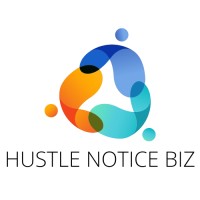 Hustle Notice Biz's company logo consists of a white background with a translucent orange, dark blue, and light blue triangle-shaped figure with rounded edges. Each color / rounded-off edge has a translucent circle right next to it with their respective colors. Below the centered figure is the gray, capitalized text "HUSTLE NOTICE BIZ."