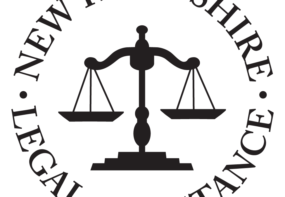 New Hampshire Legal Assistance's logo consists of the black, uppercase text "NEW HAMPSHIRE LEAGAL ASSISTANCE" forming a circle. Inside the word circle is a black scales of justice.