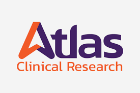 Atlas Clinical Research's company logo consists of the navy blue word "Atlas" in the center of the image. Just below the word "Atlas", in a smaller font size, are the orange words "Clinical Research." The background is white.