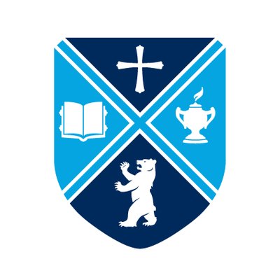 Bob Jones University's school logo consists of a multi-colored blue shielf (dark blue on the top and bottom and light blue on the left and right.) The sections of the shield are separated by a light blue x. Each of the sections of the shield contain a cross, a bible, a lamp, and a bear.