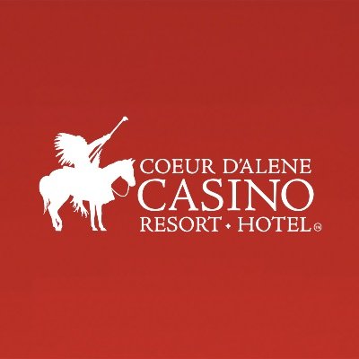 Coeur d'Alene Casino Resort Hotel's company logo consists of a red background with the silhouette of a person holding a staff on top of a horse. To the right of them is the white text COEUR D'ALENE CASINO RESORT HOTEL. Casino is in between the words COEUR D'ALENE and RESORT HOTEL.