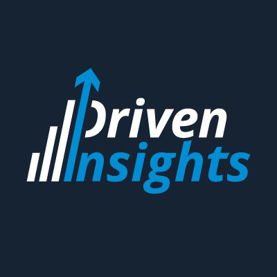 Driven Insights' company logo consists of a navy blue background with the words "Driven Insights." The word Driven is white, and the word Insights is light blue. The I in insights extends up, closing the D, and turning into an arrow pointing upwards. To the left of the words are 3 lines, resembling a bar chart.