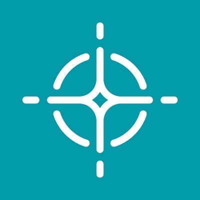 Flashlight Marketing's company logo consists of a teal background with a white silhouette of a compass/star-looking figure in the center .