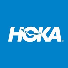 HOKA's logo consists of an ice blue background with the italicized, capitalized, centered, white text "HOKA." Inside of the "O" in "HOKA" is the white silhouette of a seagull.