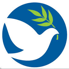 The International Fellowship of Christians and Jews' logo consists of the silhouette of a white dove holding a green leaf in its mouth, with its wings spanned. The background is blue and white.