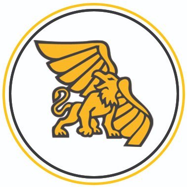 Missouri Western State University's company logo consists of a golden animal with a lions body with wings on it, and an eagles head. It is enclosed by a black and gold/yellow circle. The background behind the animal is white.