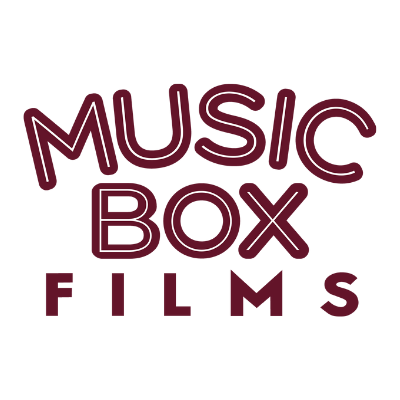 Music Box Films' company logo consists of a white background and the burgundy/maroon text "MUSIC BOX FILMS."Music is above the word box, and box is above the word films. Music and box are hollowed out, exposing the white background inside of the letters.