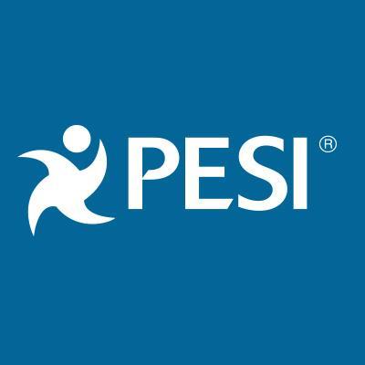 PESI's company logo consists of a gray-blue background with the capitalized, white text "PESI" in the center. To the left of the "P" in "PESI" is a white shuriken-looking design with a round white circle above it (what seems to symbolize a person).