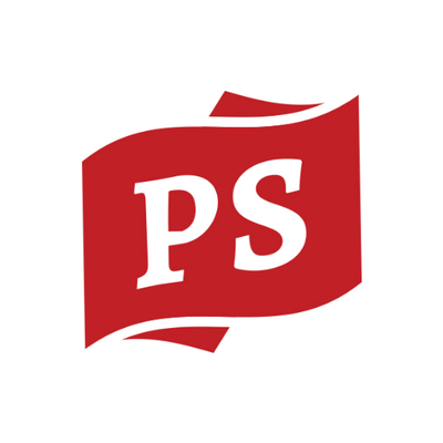 PS Seasoning's company logo consists of a white background with the silhouette of a red scroll/wrapper with the white, capitalized letters "P" and "S" in the center.
