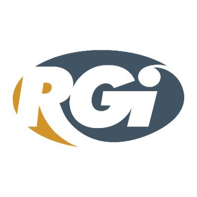 Raybourn Group International's company logo consists of the white letters "R" "G" and "I." The R and G are capital, and the "i" is lowercase. The letters are enclosed by a horizontal oval. The oval is a gold-orange right by the letter "R", and the rest of the oval is a gray-blue. The background is white.